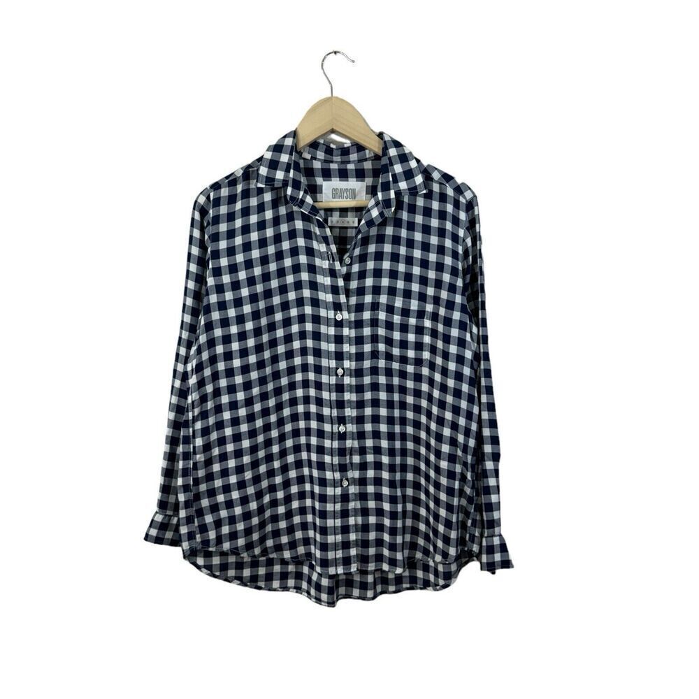 Grayson 3 Medium The Hero Button Shirt Plaid Blue White Plaid Long Sleeve Womens